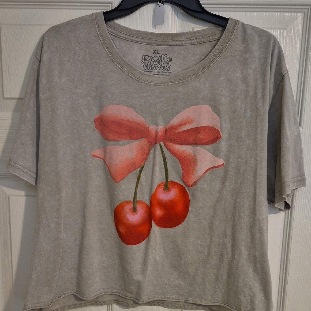 Gray T-Shirt with Cherry and Bow Design